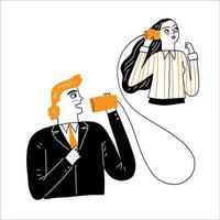 Communication concept, man talking through a wire vector