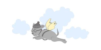 Cute dog with wings, flying dog in the clouds. Vector doodle, cartoon stock illustration hand drawn, isolated on white background