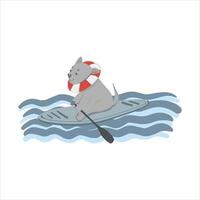 A dog on a surf board in the ocean, a dog on a swimming board. Vector doodle, cartoon stock illustration hand drawn, isolated on white background