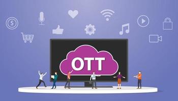 ott over the top platform service concept with people around smart tv modern flat style vector