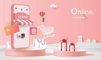 paper art shopping online on smartphone and new buy sale promotion pink backgroud for banner market ecommerce women concept. vector