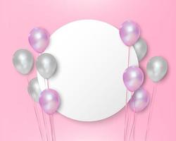 Pink and white balloons on empty circle wihite background, vector illustration