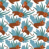 Seamless pattern with simple cute tiger cubs and plants on a white background vector