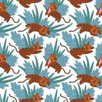 Seamless pattern with simple cute tiger cubs and plants on a white background vector