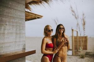 Young women in bikini standing by the surf cabin on a beach at summer day photo