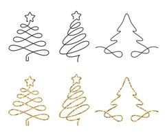 árboles de navidad en un estilo de dibujo de una línea. conjunto de abetos con trazos editables y efecto brillo. vector
