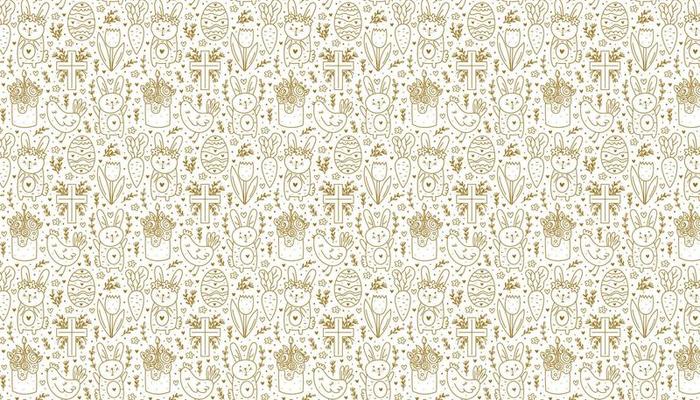 Happy Easter holiday doodle line art Golden design Rabbit bunny christian cross cake chicken egg hen flower carrot Pattern texture background