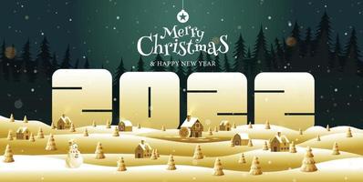 Merry Christmas, happy new year 2022,  calligraphy, Golden ,Landscape fantasy ,vector illustration.