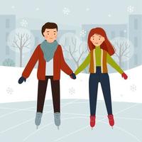 Couple on the skating rink in the park. Boy and girl ice skating. Winter fun. vector