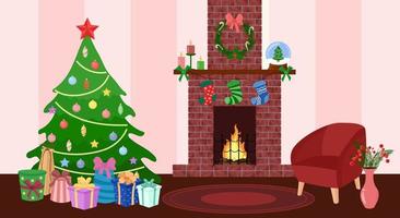 Christmas home interior. Tree with gifts, fireplace and chair in living room. Winter holidays concept. New year cozy indoors. Vector flat illustration