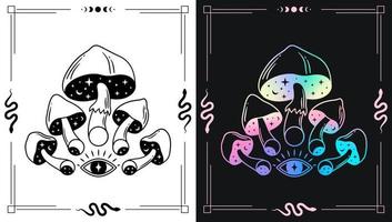 Mushrooms and moon phases for esoteric theme designs. Black and while and holographic gradient poster.