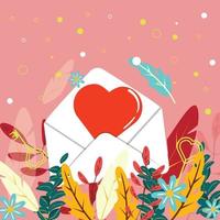 Beautiful illustration with a big heart in a envelope. Mail envelope with a red heart surrounded with colourful leaves, flowers, branches. Valentine's day, love, romantic illustration. vector