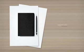 Notebook and pencil on white paper sheet with wood background. Vector illustration.