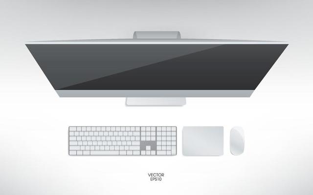 Top view of computer, keyboard, mouse and track pad. Mock up template for adding your content or digital business concept. Vector.