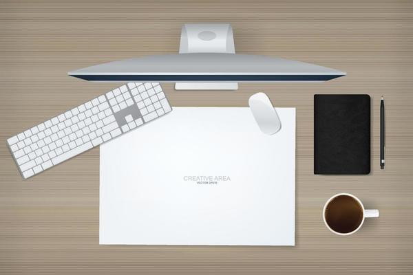 Computer display background of working space  with office object on wood. Vector.