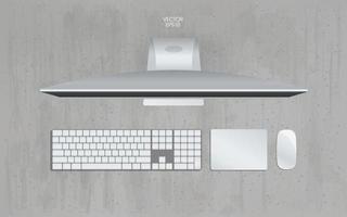 Top view of computer in working space area with concrete texture background. Vector. vector