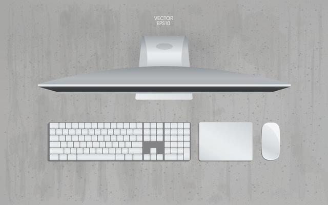 Top view of computer in working space area with concrete texture background. Vector.