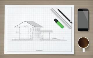 Construction paper background of blueprint with image of wireframe house. Abstract construction graphic idea. Vector. vector