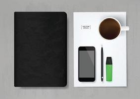 Black notebook and office object background on concrete texture. Vector.