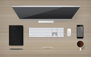 Top view of working space area and office object set. - Computer, keyboard, mouse, smartphone, coffee cup, notebook and pencil on wood background. Vector. vector