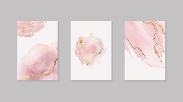 Collection of abstract pink liquid watercolor background with golden lines vector