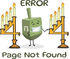 Mensaje de error 404 con el tema de Hanukkah. Ups, página no encontrada. Falta la página próximamente mensaje de error. girando el lindo personaje del juego dreidel. vector