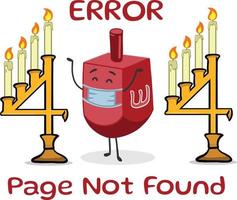 Mensaje de error 404 con el tema de Hanukkah. Ups, página no encontrada. Falta la página próximamente mensaje de error. girando el lindo personaje del juego dreidel. vector