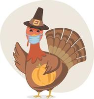 Thanksgiving Turkey wearing face mask while cooking. Cute Turkey character for children's book. Fall background with leaves falling and earth tone colors. Turkey character holding a pumpkin. vector