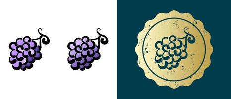 este es un conjunto de iconos retro, contornos y degradados de uvas. esta es una etiqueta de oro, una etiqueta de uvas bayas. solución elegante para el diseño de envases y sitios web. sello de oro grunge redondo. vector