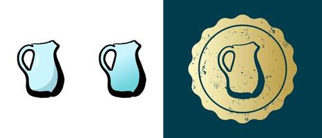 This is a set of glass jug retro, contour, gradient icons. This is a gold sticker, glass jug label. Stylish solution for packaging and website design. Round grunge gold stamp. vector