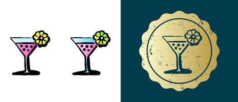 This is a set of retro, contour, gradient alcoholic cocktail icons. This is a gold sticker, a lemon cocktail label. Stylish solution for packaging and website design. Round grunge gold stamp. vector