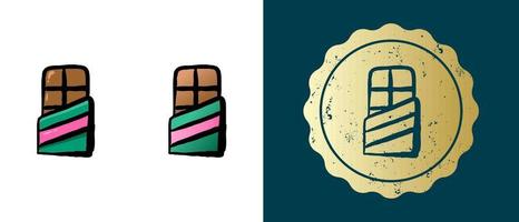 Este es un conjunto de iconos de barra de chocolate degradados, contornos y retro. esta es una pegatina dorada, una etiqueta de barra de chocolate. solución elegante para el diseño de envases y sitios web. sello de oro grunge redondo. vector