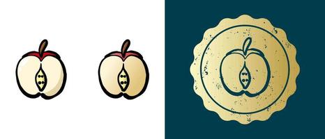 Este es un conjunto de iconos de manzana retro, contorneados y con corte degradado. esta es una pegatina dorada, una etiqueta para una manzana en rodajas. solución elegante para el diseño de envases y sitios web. sello de oro grunge redondo. vector