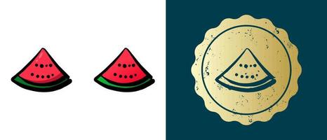 This is a set of retro, gradient icons of a piece of watermelon. This is a gold sticker, a label for a piece of watermelon. Stylish solution for packaging and website design. Round grunge gold stamp. vector
