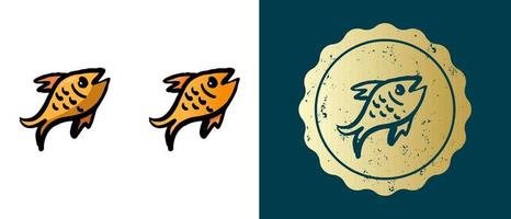 This is a set of retro, contour, gradient fried fish icons. This is a gold sticker, a fried fish label. Stylish solution for packaging and website design. Round grunge gold stamp.