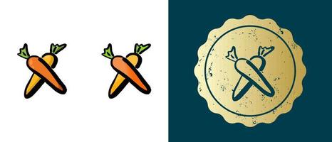 Este es un conjunto de iconos de zanahoria degradados, contornos y retro. esta es una etiqueta de oro, etiqueta de zanahoria. solución elegante para el diseño de envases y sitios web. sello de oro grunge redondo. vector