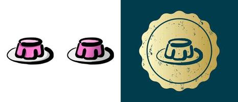 este es un conjunto de iconos retro, de contorno y degradados de gelatina de frutas. esta es una etiqueta dorada, etiqueta de pudín de frutas. solución elegante para el diseño de envases y sitios web. sello de oro grunge redondo. vector