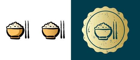 This is a set of boiled rice retro, contour, gradient icons. This is a gold sticker, a label of a cup of rice and chopsticks. Stylish solution for packaging and website design. Round grunge gold stamp vector