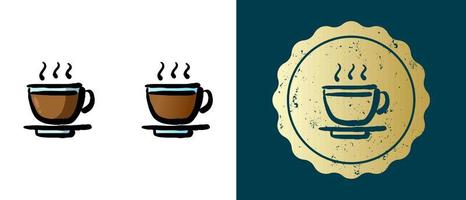 This is a set of retro, contour, gradient hot tea cups icons. This is a gold sticker, a label for a cup of hot coffee. Stylish solution for packaging and website design. Round grunge gold stamp. vector