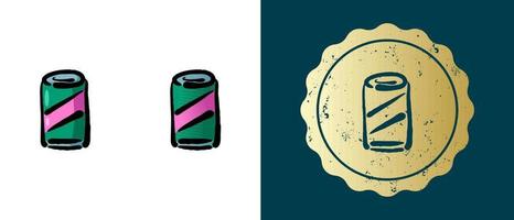 este es un conjunto de iconos retro, contornos y degradados de latas de limonada. Esta es una pegatina dorada, la etiqueta de la lata de refresco. solución elegante para el diseño de envases y sitios web. sello de oro grunge redondo. vector