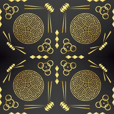 It's a dark texture with golden mandalas and arrows