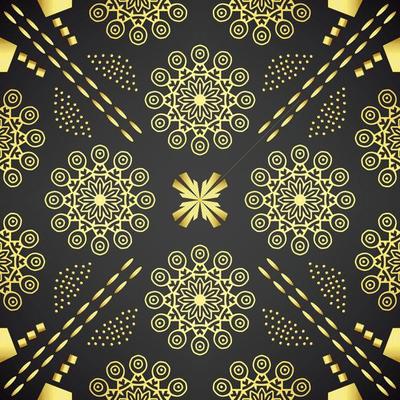 It is a dark texture with golden mandalas and dotted lines