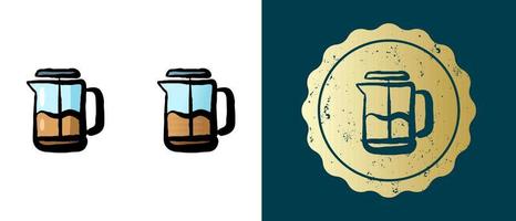 This is a set of retro, contour, gradient French press icons. This is a gold sticker, the teapot label. Stylish solution for packaging and website design. Round grunge gold stamp. vector