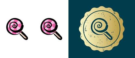 This is a set of retro, contour, gradient lollipop icons. This is a gold sticker, lollipop label. Stylish solution for packaging and website design. Round grunge gold stamp. vector