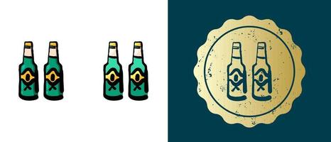 This is a set of retro, contour, gradient icons of beer bottles. This is a gold sticker, alcohol bottle label. Stylish solution for packaging and website design. Round grunge gold stamp. vector