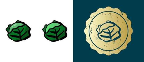 This is a set of retro, contour, gradient cabbage icons. This is a gold sticker, cabbage label. Stylish solution for packaging and website design. Round grunge gold stamp. vector