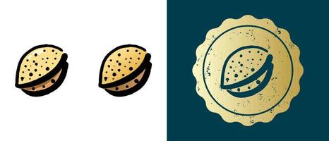 este es un conjunto de iconos de almendra degradados, de contorno y retro. esta es una etiqueta de oro, etiqueta de almendra. solución elegante para el diseño de envases y sitios web. sello de oro grunge redondo. vector