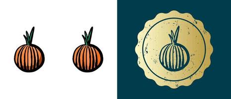 This is a set of retro, contour, gradient onion icons. This is a gold sticker, onion label. Stylish solution for packaging and website design. Round grunge gold stamp. vector