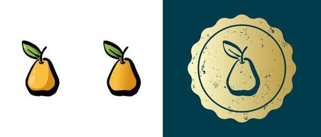 This is a set of pears retro, contour, gradient icons. This is a gold sticker, pear label. Stylish solution for packaging and website design. Round grunge gold stamp. vector