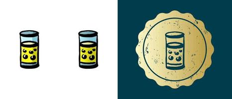 This is a set of retro, gradient icons of glasses of lemonade. This is a gold sticker, a label for a glass of soda. Stylish solution for packaging and website design. Round grunge gold stamp. vector